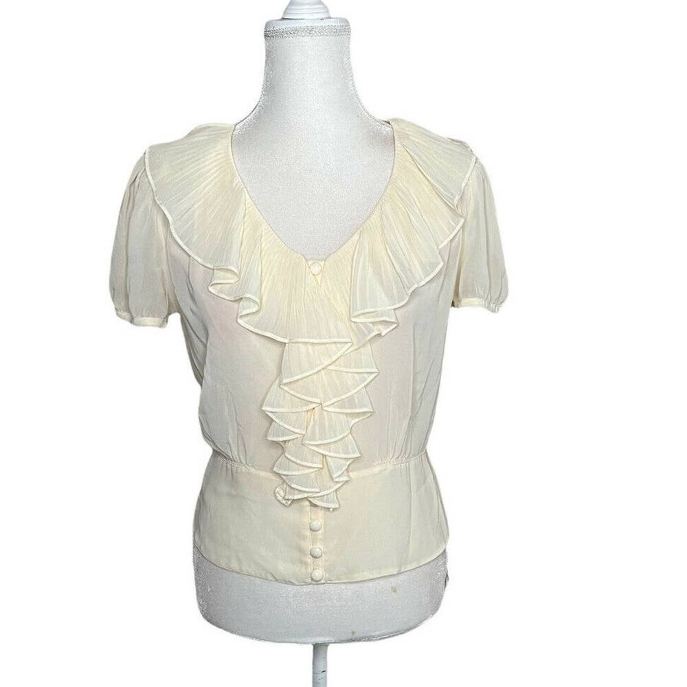 Vintage Old Navy Ruffle Front Sheer Ivory Blouse Secretary short sleeve medium